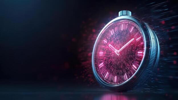 A clock with glowing red hands on a dark background photo