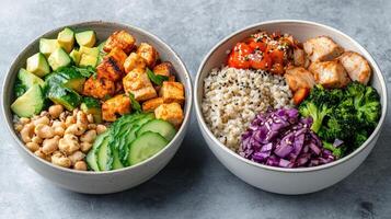 Two bowls with vegetables and rice in them photo