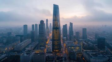 The shanghai tower is seen in the city at dusk photo