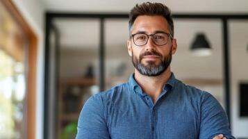 A man with glasses and a beard standing in front of a window photo
