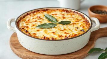 A casserole dish with cheese and herbs on a wooden board photo