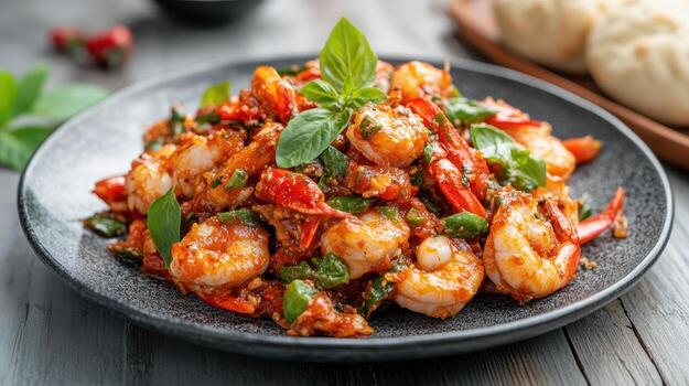 un plato de camarón y vegetales con un lado de un pan foto