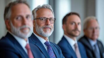 Three men in suits and ties sitting in a row photo