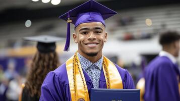A young man in a purple graduation gown and cap photo