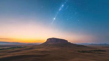 A mountain with a star above it at sunset photo