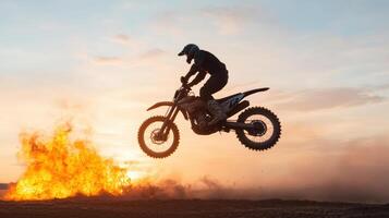 Motocross rider jumping over a fire photo