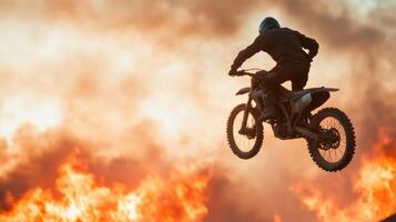 A person on a dirt bike jumping over a fire photo