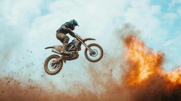 Motocross rider jumping over a burning tire photo