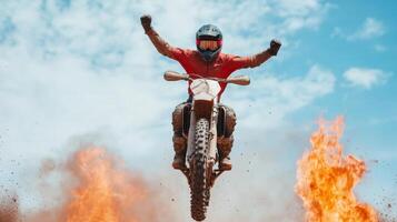 Motocross rider jumping over fire photo