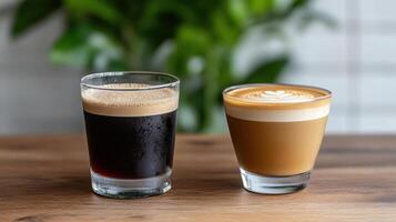 Two different types of coffee sitting on a table photo