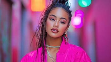 A woman with long hair and a pink jacket photo