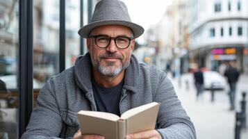 A man in a hat and glasses is reading a book photo