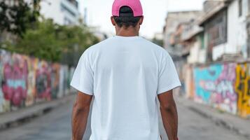 A man wearing a white t - shirt and a pink hat standing in front of a graffiti covered photo