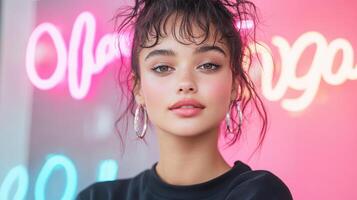 A woman with a black top and hoop earrings in front of neon signs photo