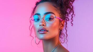 Beautiful young woman with glasses and curly hair photo