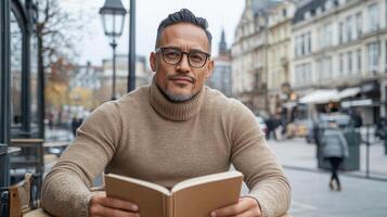 A man in glasses is reading a book outside photo