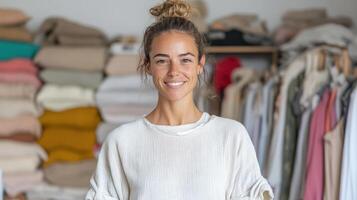 A woman is standing in front of a rack of clothes photo