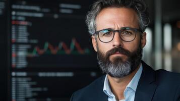 A man with a beard and glasses standing in front of a computer screen photo