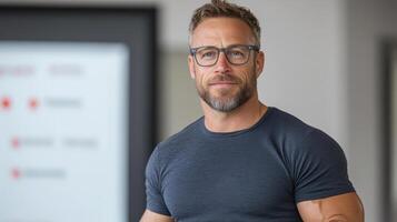 A man with glasses and a beard standing in front of a whiteboard photo