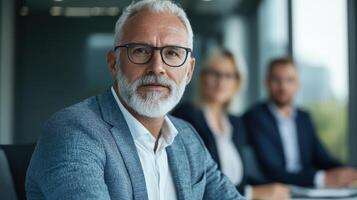 A man with a white beard and glasses sitting in front of a group of people photo