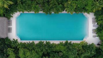 An aerial view of a swimming pool surrounded by lush green trees photo