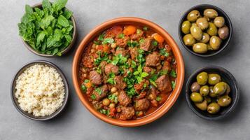 Moroccan meat stew with couscous, olives and vegetables on a grey background photo