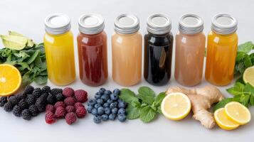 A group of different juices in bottles photo