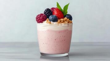 A smoothie with berries and granola on top photo