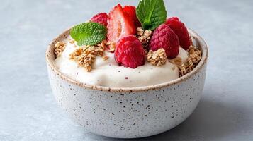 A bowl of yogurt with berries and granola photo