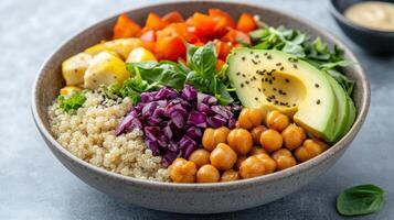A bowl filled with vegetables and other ingredients photo