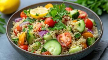 Quinoa salad with cucumber, tomatoes, and lemon photo