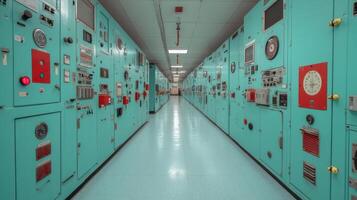 A long hallway with many control panels and buttons photo