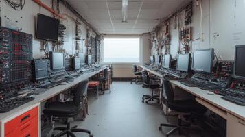 A long row of computers in a room photo