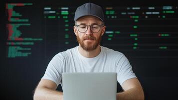 A man with glasses and a beard is sitting at a desk with a laptop photo