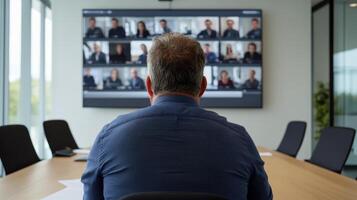 A man sitting at a conference table with a conference on the screen photo