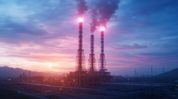 Oil refinery at sunset with smoke coming out of the chimneys photo