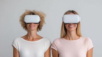 Two women wearing virtual reality headsets photo