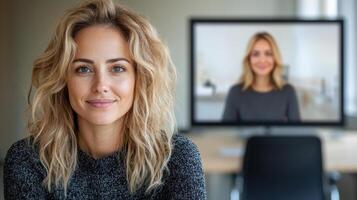 A woman is sitting in front of a computer screen photo