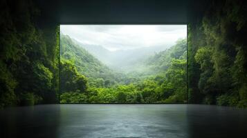 An open door to a forest with a view of mountains photo