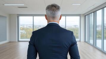Rear view of businessman looking out of large office building photo