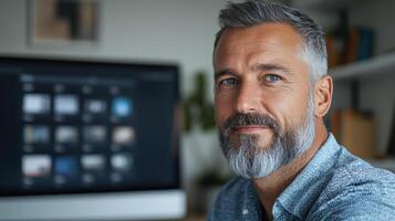 A man with a beard and a gray beard sitting in front of a computer photo