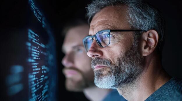 Two men in glasses looking at a computer screen photo
