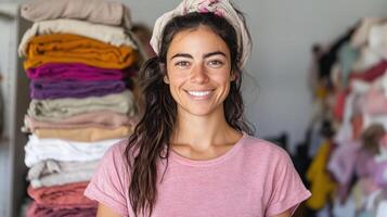 A woman is standing in front of a pile of clothes photo