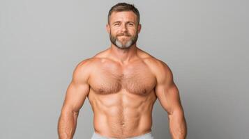 A man with a beard and no shirt is standing in front of a gray background photo