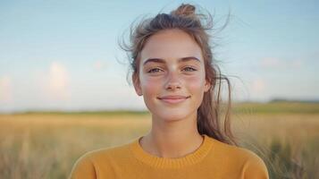 Portrait of a beautiful young woman in a field photo