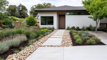 A modern home with a stone walkway and landscaping photo