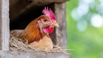 A chicken is sitting in a wooden box photo
