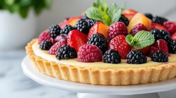A tart with fresh berries and mint on a white plate photo