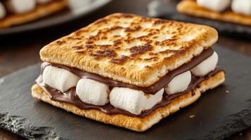 S'mores are stacked on a slate board photo