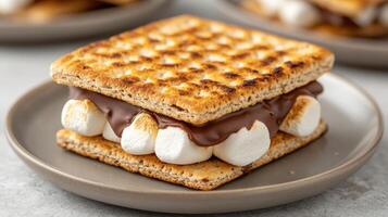 S'mores on a plate with chocolate and marshmallows photo